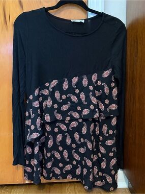 eesome Black Long-Sleeve Layered Top with Pink Paisley Print